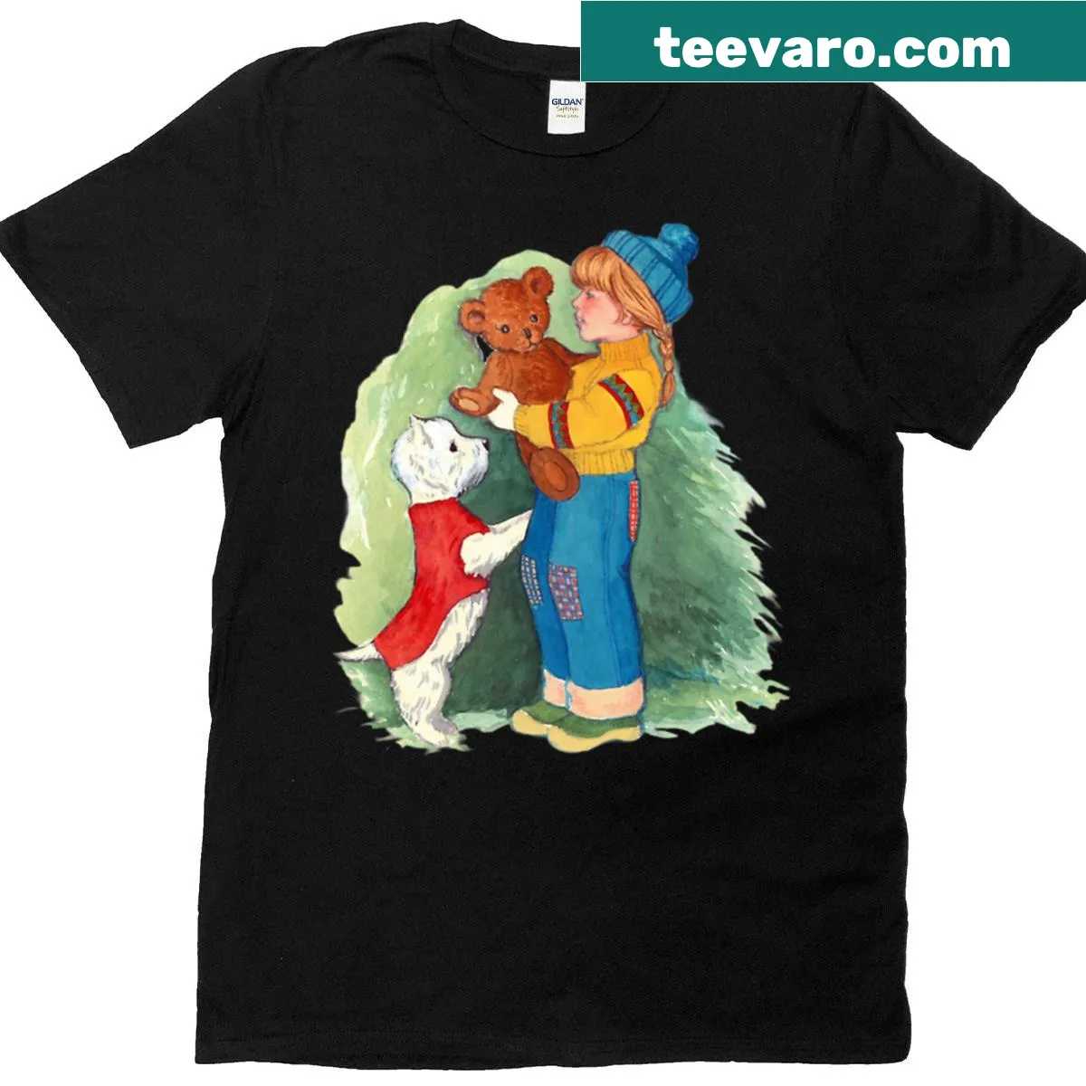 Winter-themed t-shirt with a girl, teddy bear, and dog illustration — on a men's t-shirt