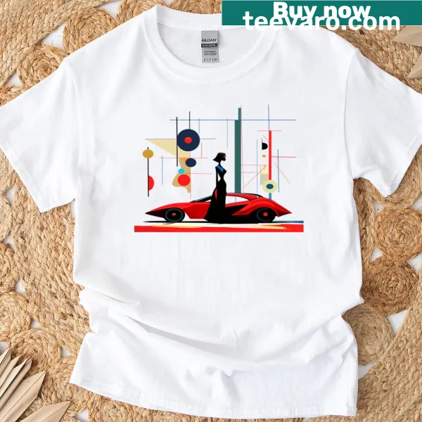 Vintage T-shirt featuring a woman with a classic car design