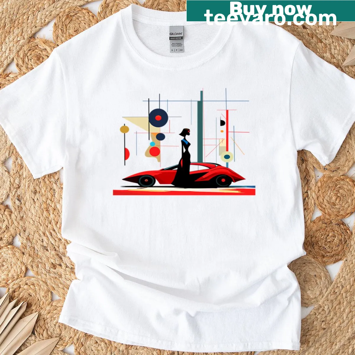 Vintage T-shirt featuring a woman with a classic car design — on a men's t-shirt