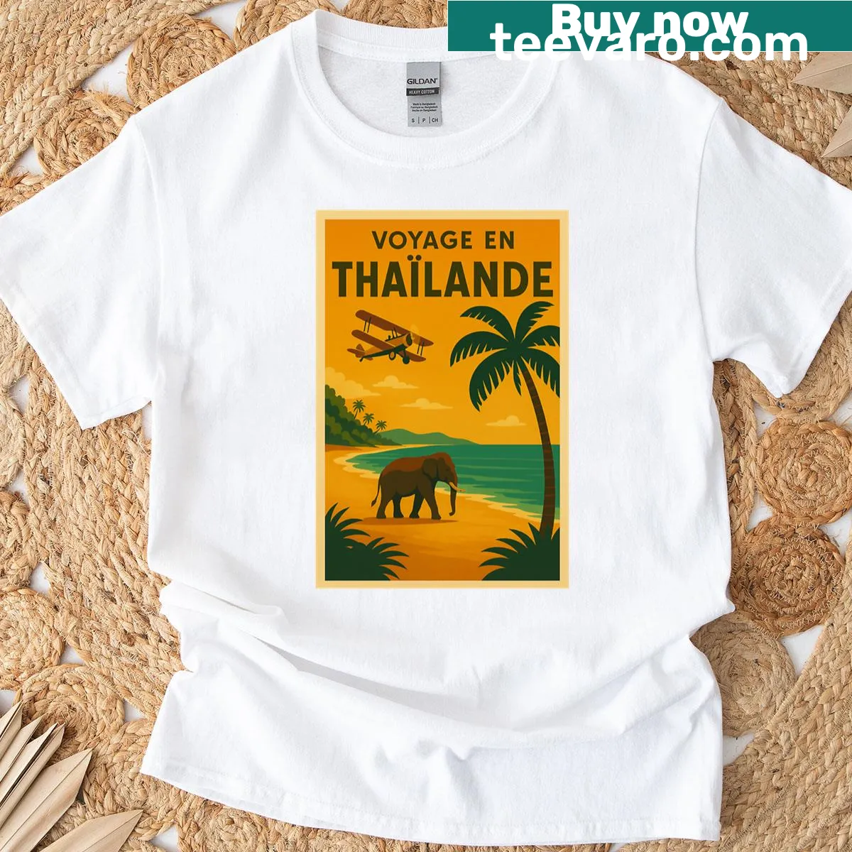 Travel-themed T-shirt featuring 'Voyage En Thailande' text — on a men's t-shirt