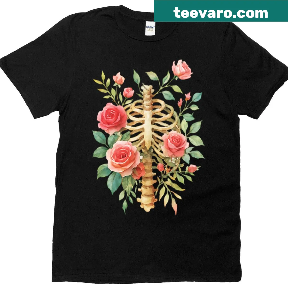 Watercolor ribcage anatomy t-shirt with floral design — on a men's t-shirt