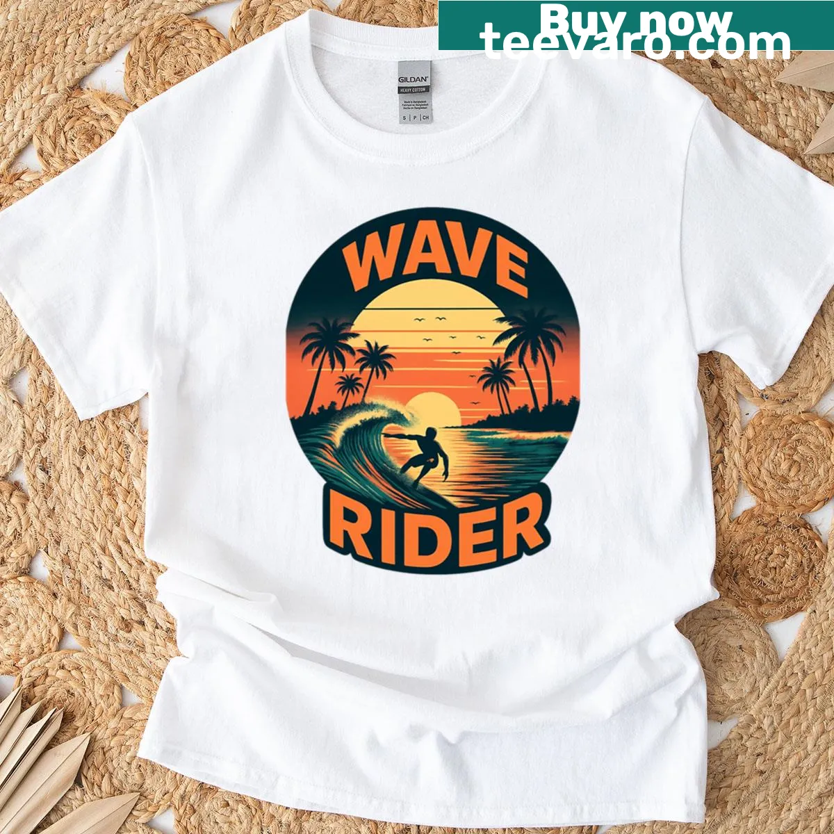 Surfer riding a wave illustrated on a T-shirt — on a men's t-shirt
