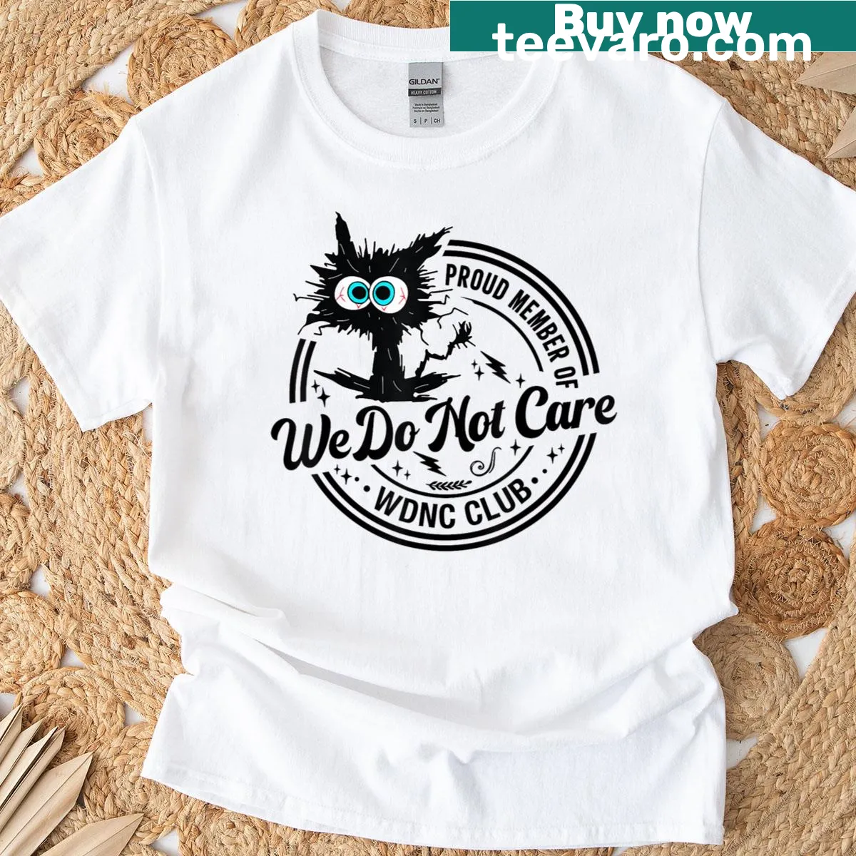 Sarcastic 'We Do Not Care Club' saying on a black cat t-shirt — on a men's t-shirt
