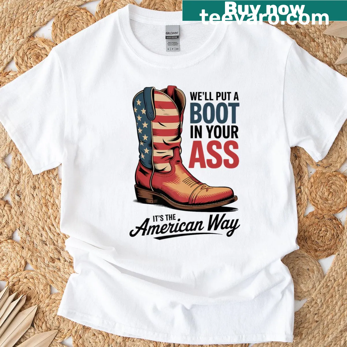 Bold typography on a Western-themed 4th of July T-shirt — on a men's t-shirt