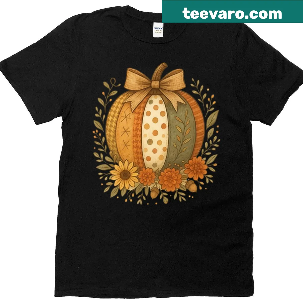 Autumn t-shirt with whimsical pumpkin and floral design — on a men's t-shirt