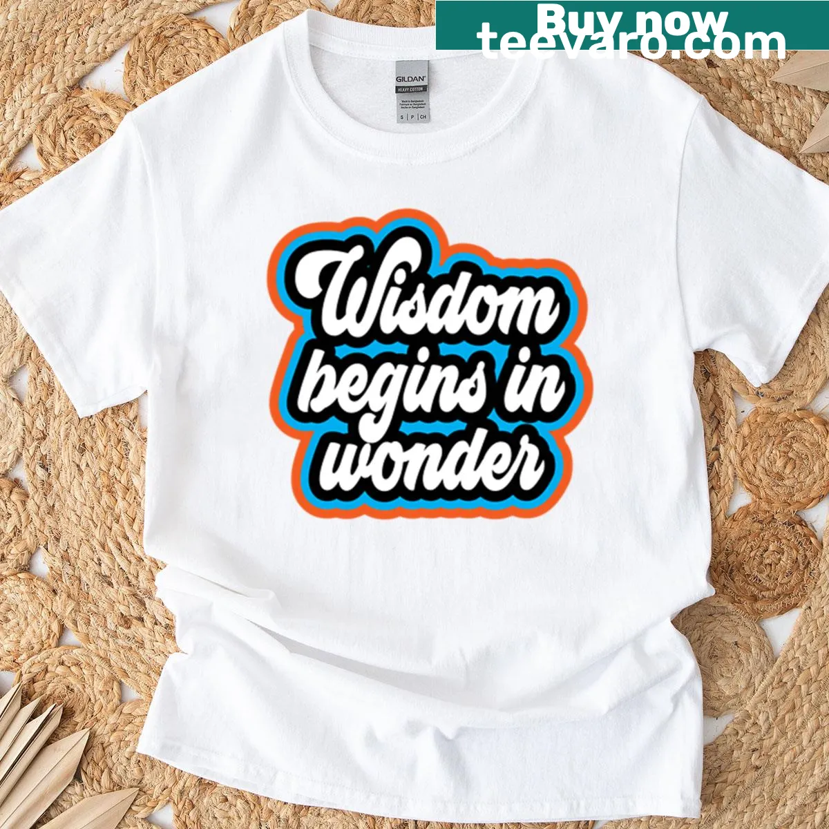 T-shirt featuring Socrates' quote about wisdom and wonder — on a men's t-shirt