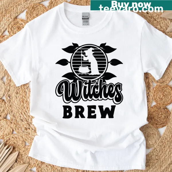 Whimsical tea lover graphic T-shirt with 'Witches Brew' design