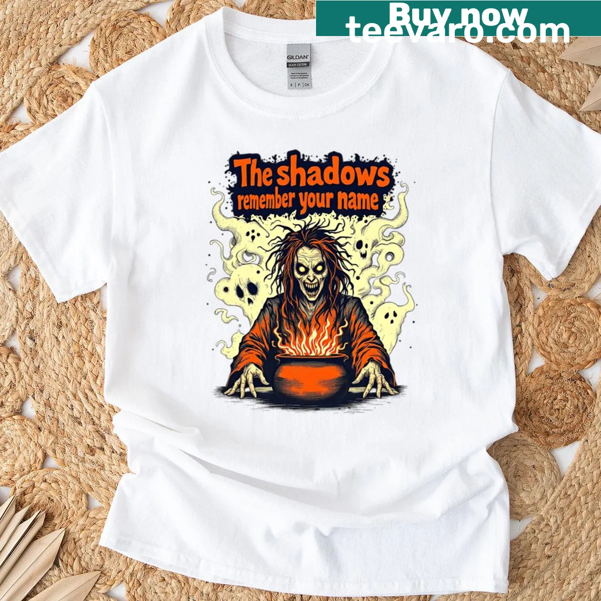 Illustration of a witch whispering from the shadows on a T-shirt — on a men's t-shirt