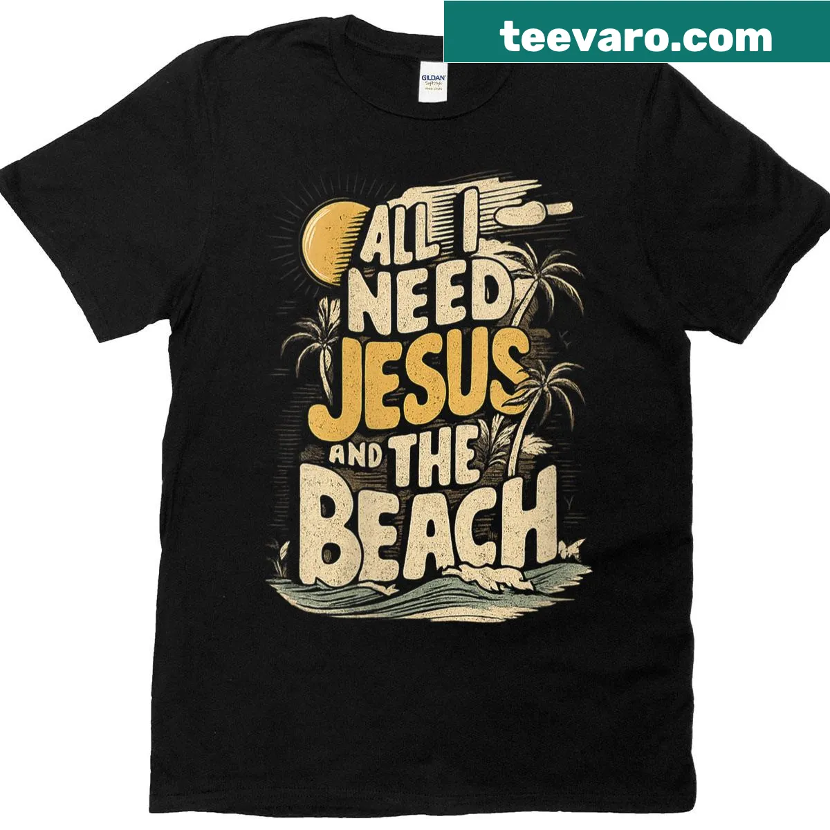 Inspirational women's t-shirt featuring a saying about Jesus and the beach. — on a men's t-shirt