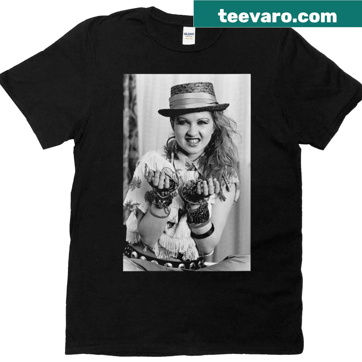 Vintage-style T-shirt featuring Cyndi Lauper from 1984 — on a men's t-shirt
