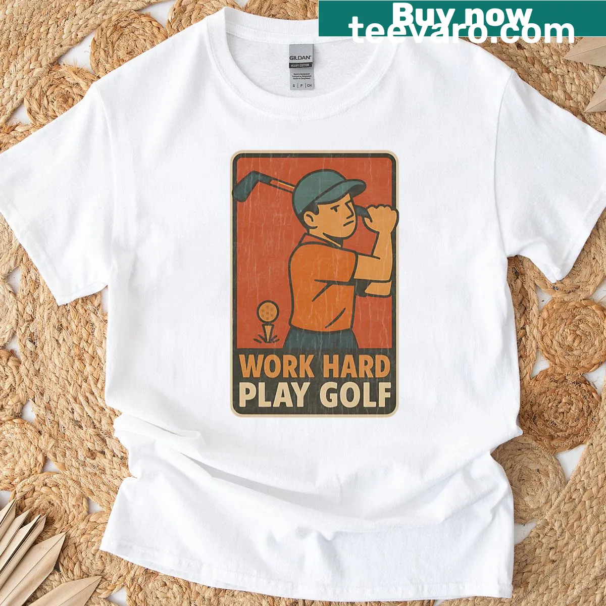 Retro golfer graphic with Work Hard Play Golf text — on a men's t-shirt