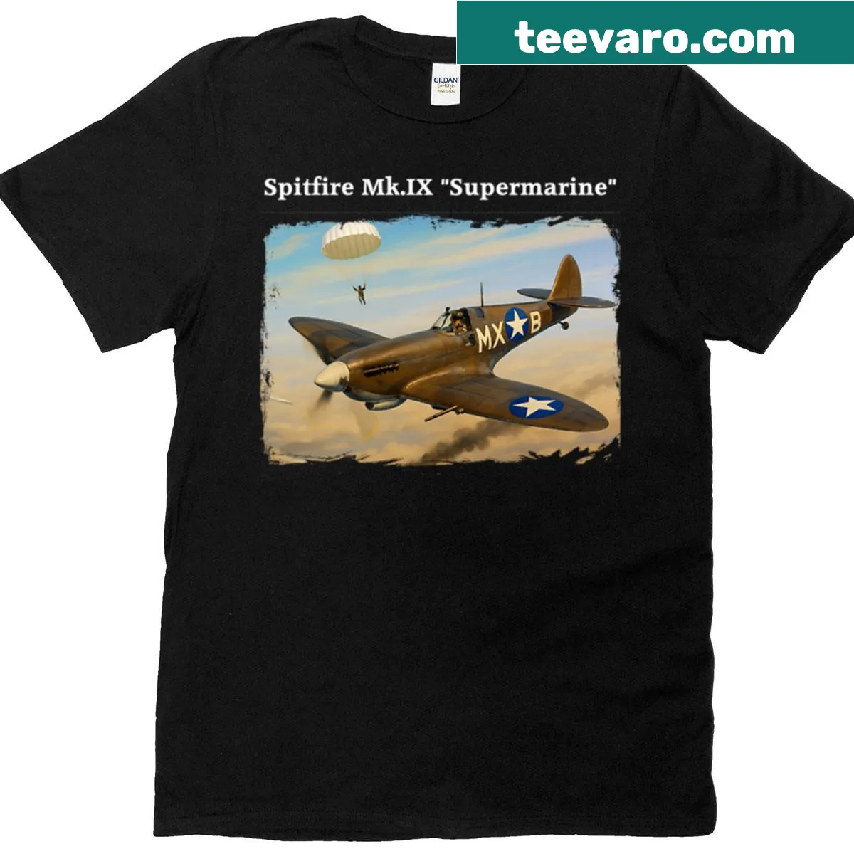 Illustrated Spitfire MkIX WWII aircraft T-shirt — on a men's t-shirt