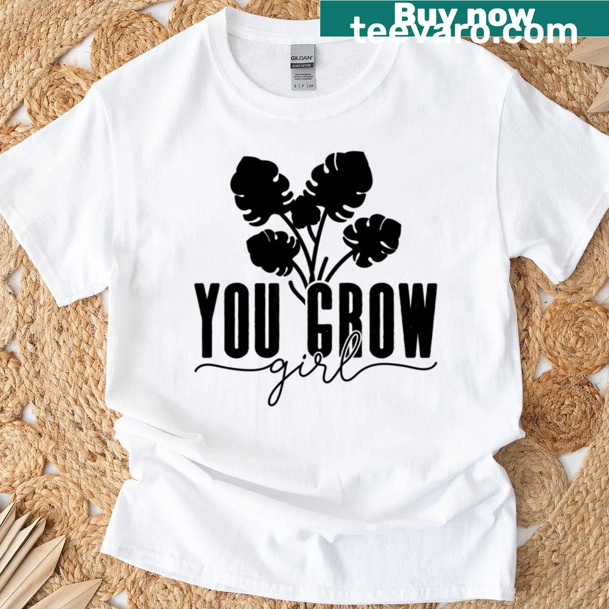 T-shirt with 'You Grow Girl' and balcony plants illustration — on a men's t-shirt