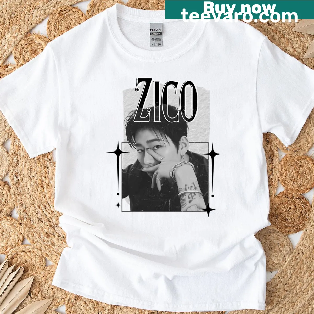 Vintage Y2K scrapbook collage design featuring Zico Korean artist. — on a men's t-shirt