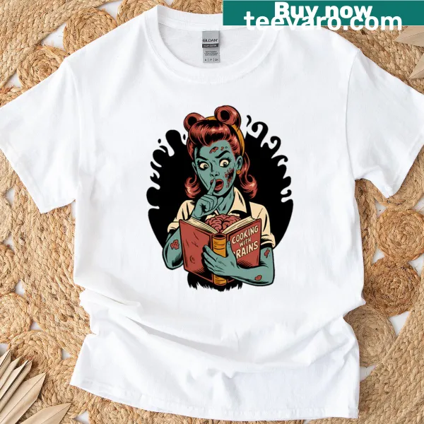 Retro comic-style t-shirt featuring a humorous zombie chef