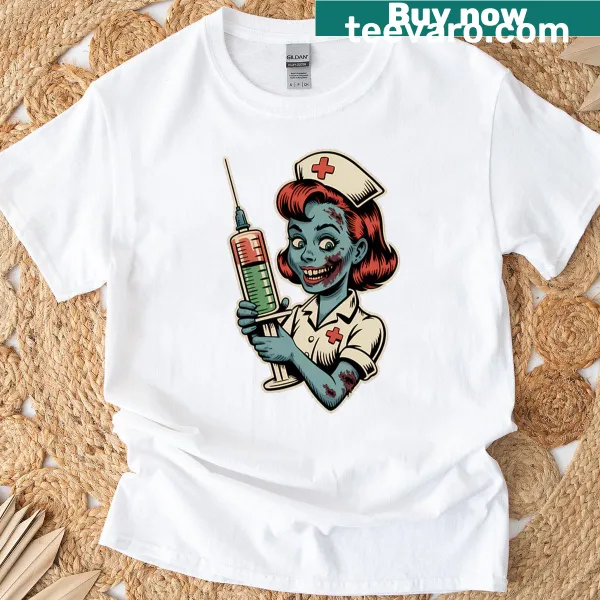 Retro horror T-shirt featuring a zombie nurse with a syringe design