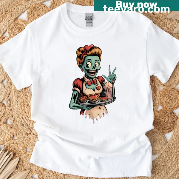 Retro pin-up t-shirt featuring a zombie waitress for Valentine's Day