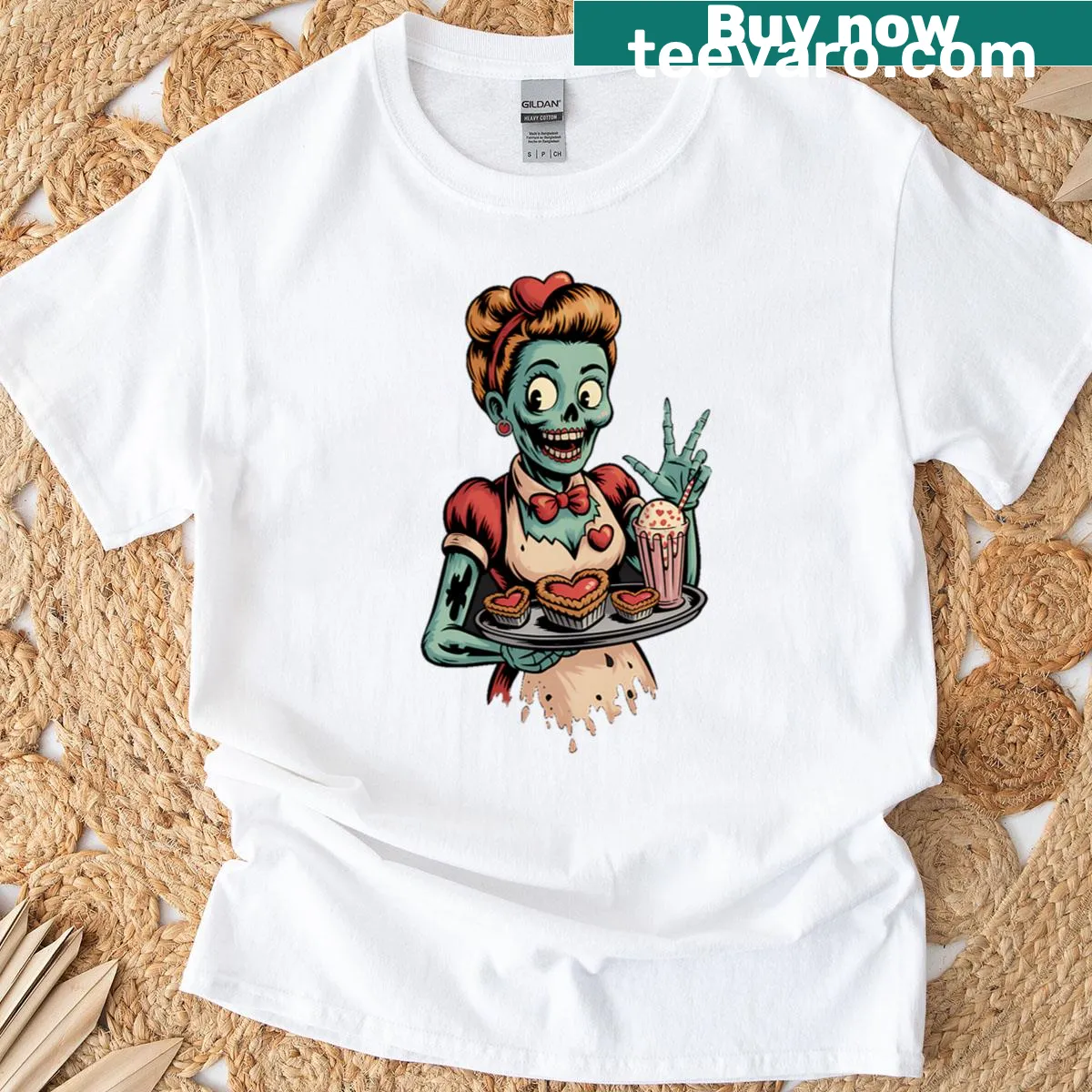 Retro pin-up t-shirt featuring a zombie waitress for Valentine's Day — on a men's t-shirt