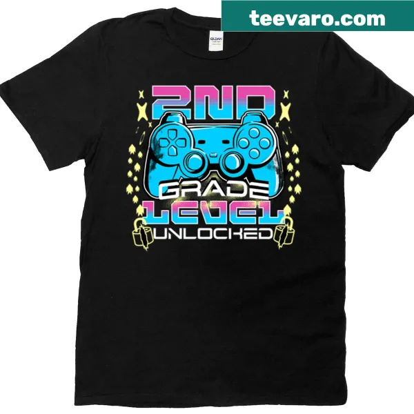 Back-to-school T-shirt with '2nd Grade Level Unlocked' text