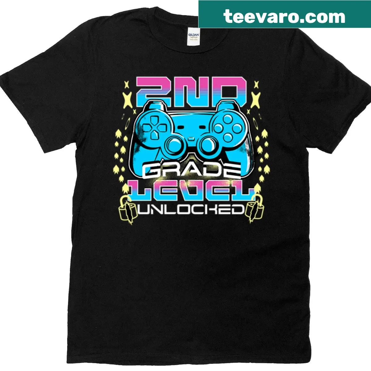 Back-to-school T-shirt with '2nd Grade Level Unlocked' text — on a men's t-shirt