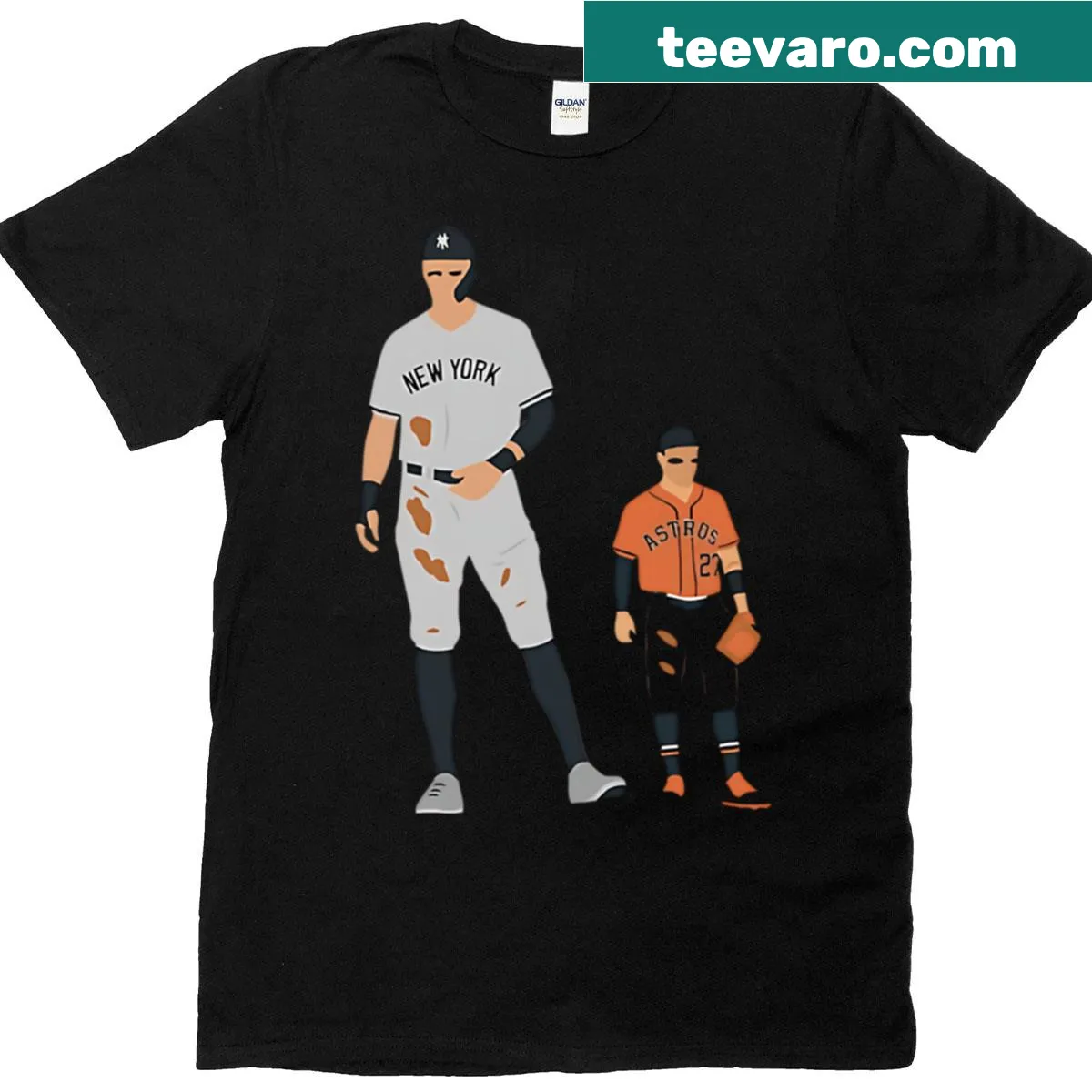 Illustrations of Aaron Judge and Jose Altuve on a t-shirt — on a men's t-shirt