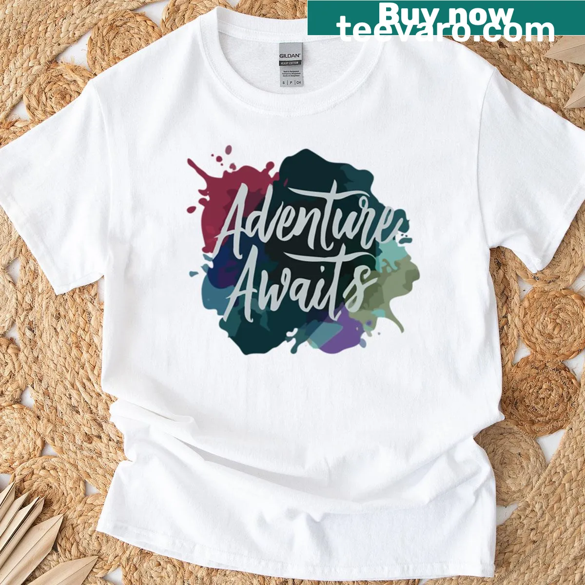T-shirt with a nature-inspired illustration that says 'Adventure Awaits' — on a men's t-shirt