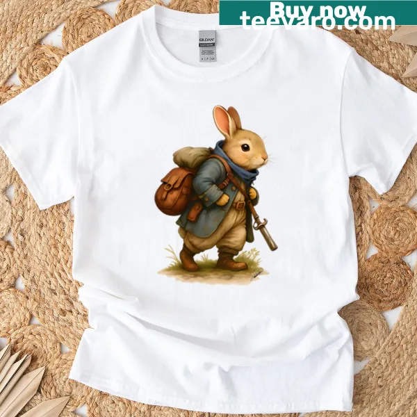 Cute t-shirt featuring an adventurous rabbit illustration