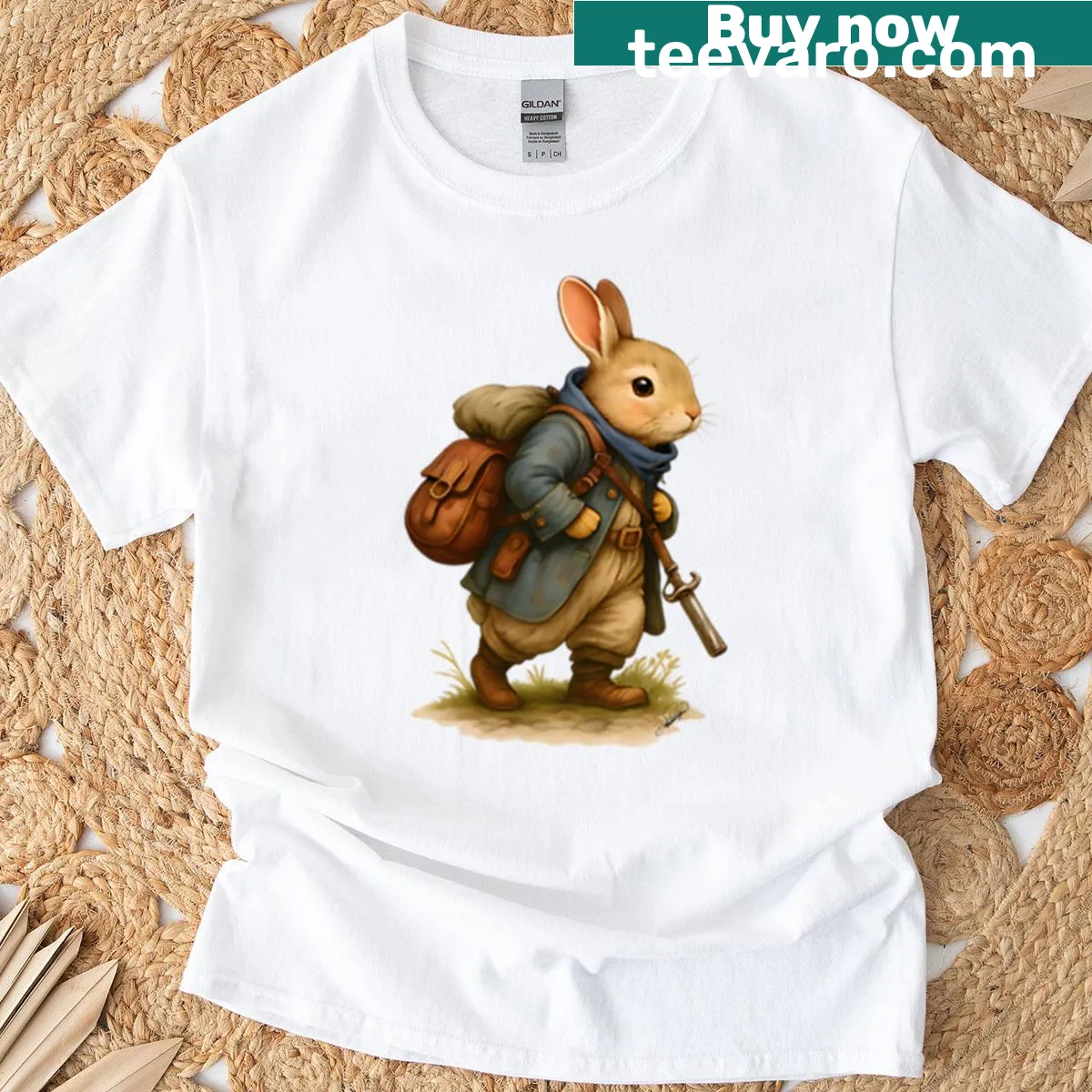 Cute t-shirt featuring an adventurous rabbit illustration — on a men's t-shirt