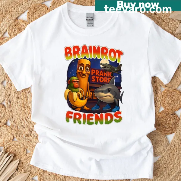 Cartoon graphic shirt featuring friends and memes
