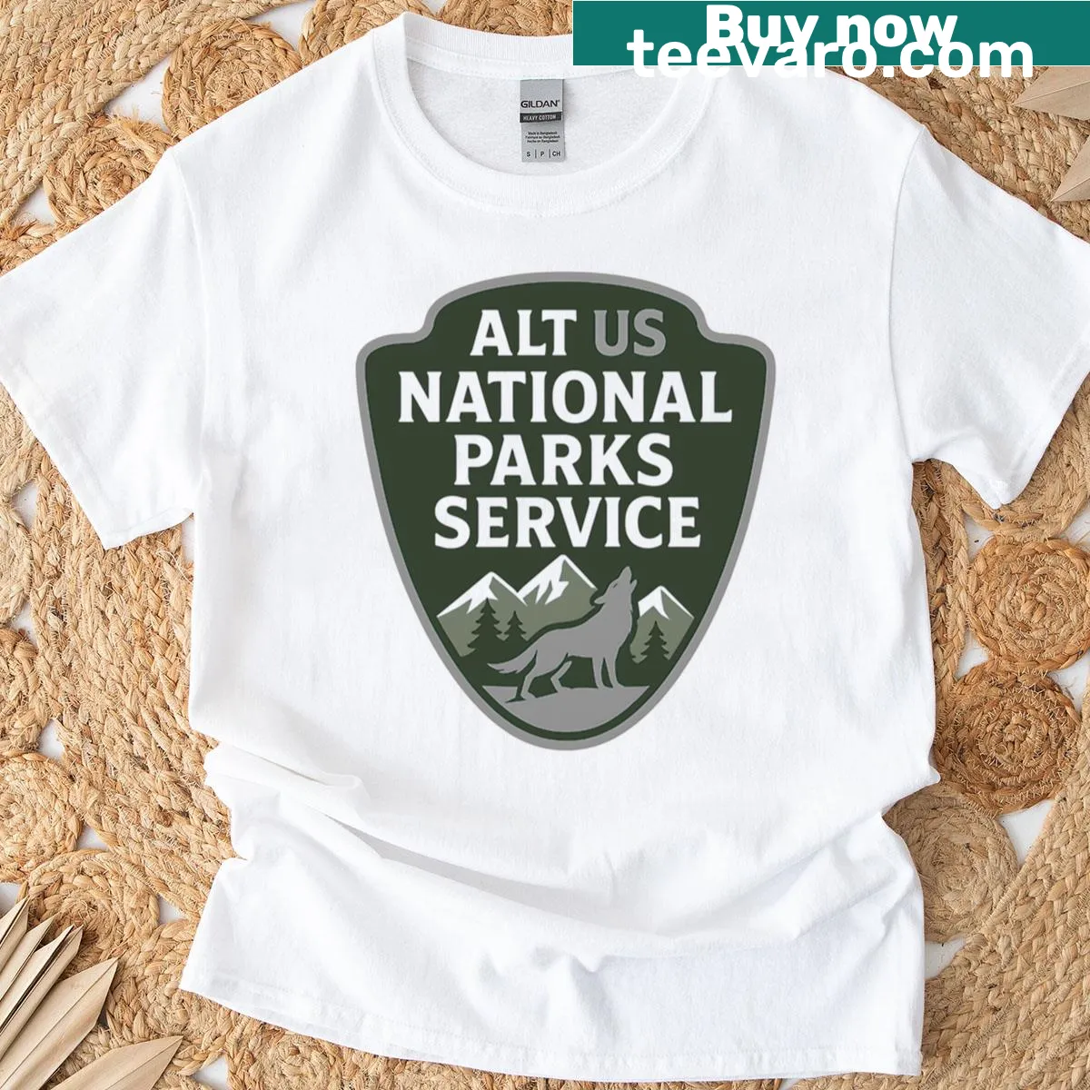 Howling wolf parody badge shirt design for outdoor fans — on a men's t-shirt