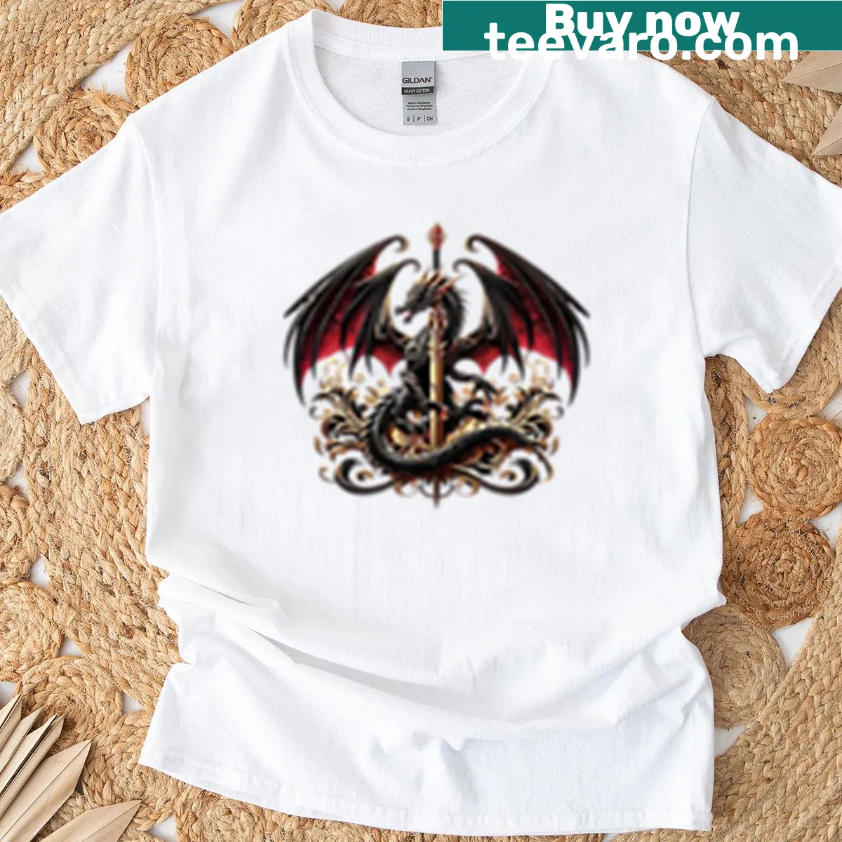 Illustration of an angry dragon with a sword on a t-shirt. — on a men's t-shirt