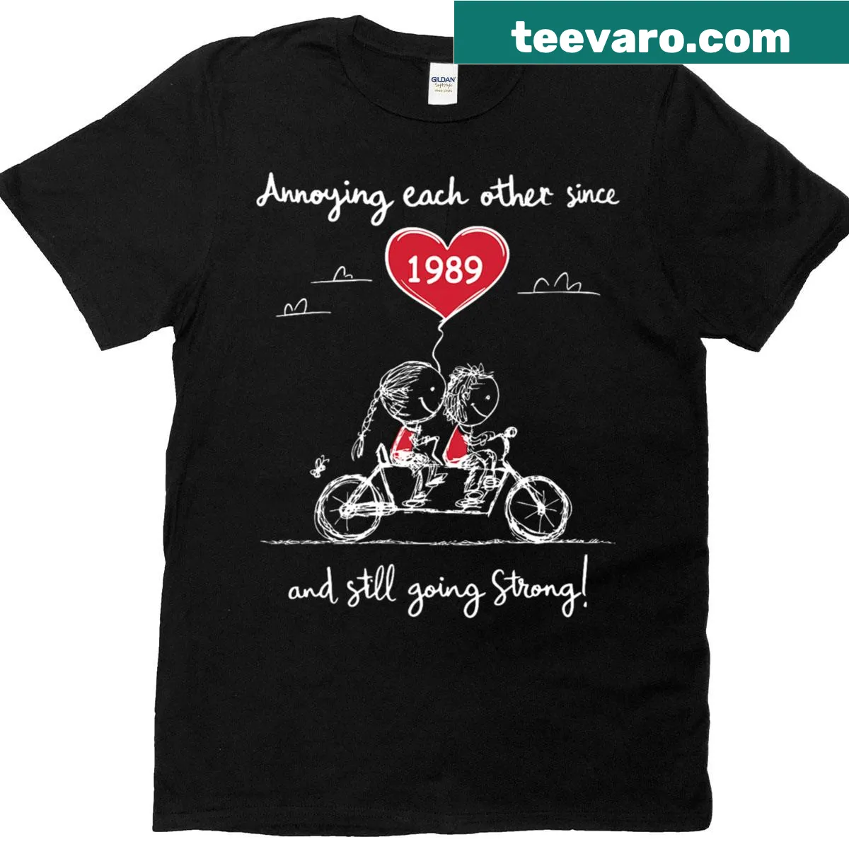 Funny couple t-shirt with text about annoying each other since 1989 — on a men's t-shirt