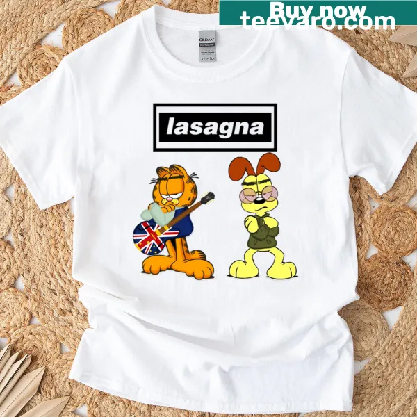 Funny lasagna-themed T-shirt featuring the text 'Anybody Fancy Some Lasagna?'