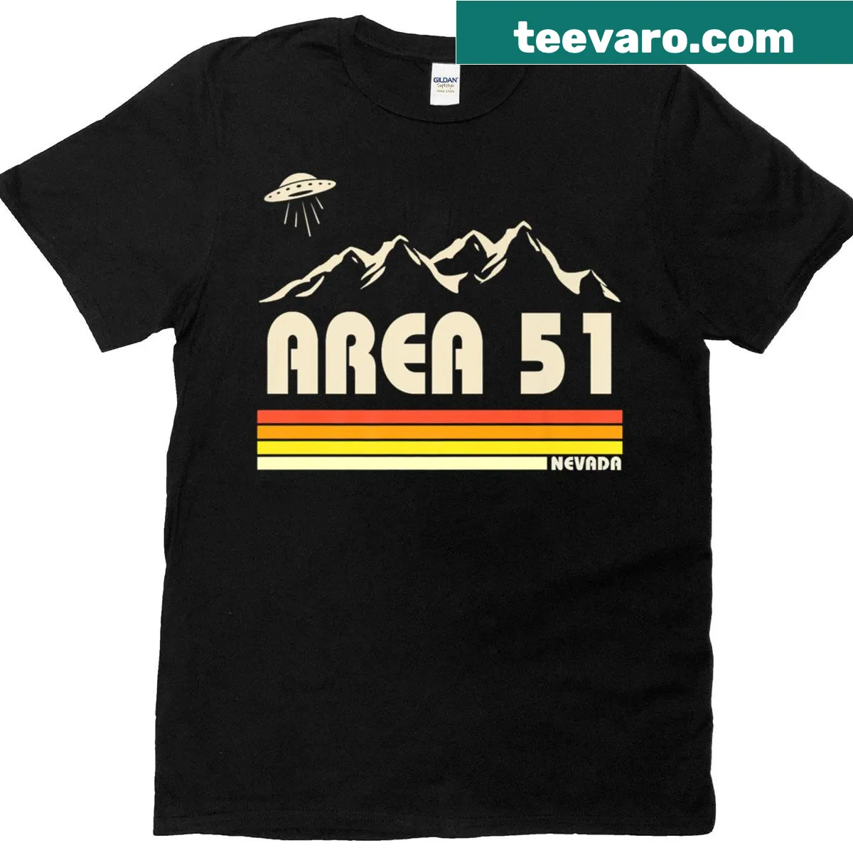 Graphic T-shirt featuring UFOs and Area 51 design — on a men's t-shirt
