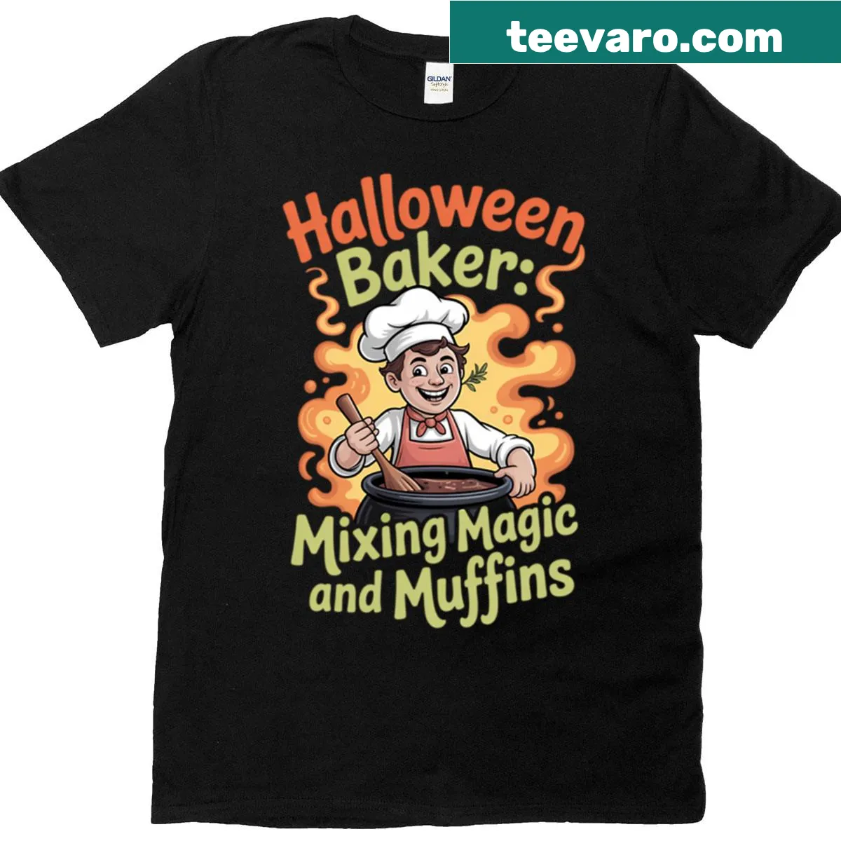 Baking-themed Halloween t-shirt with cupcakes — on a men's t-shirt