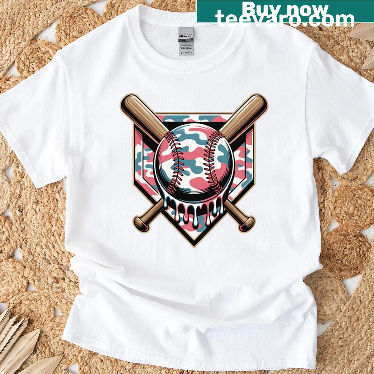 Boy's t-shirt featuring baseball camo design with ice cream dripping — on a men's t-shirt