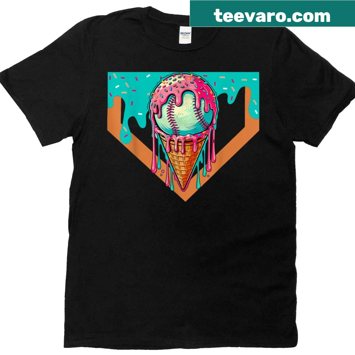 Youth T-shirt with baseball and ice cream graphics — on a men's t-shirt
