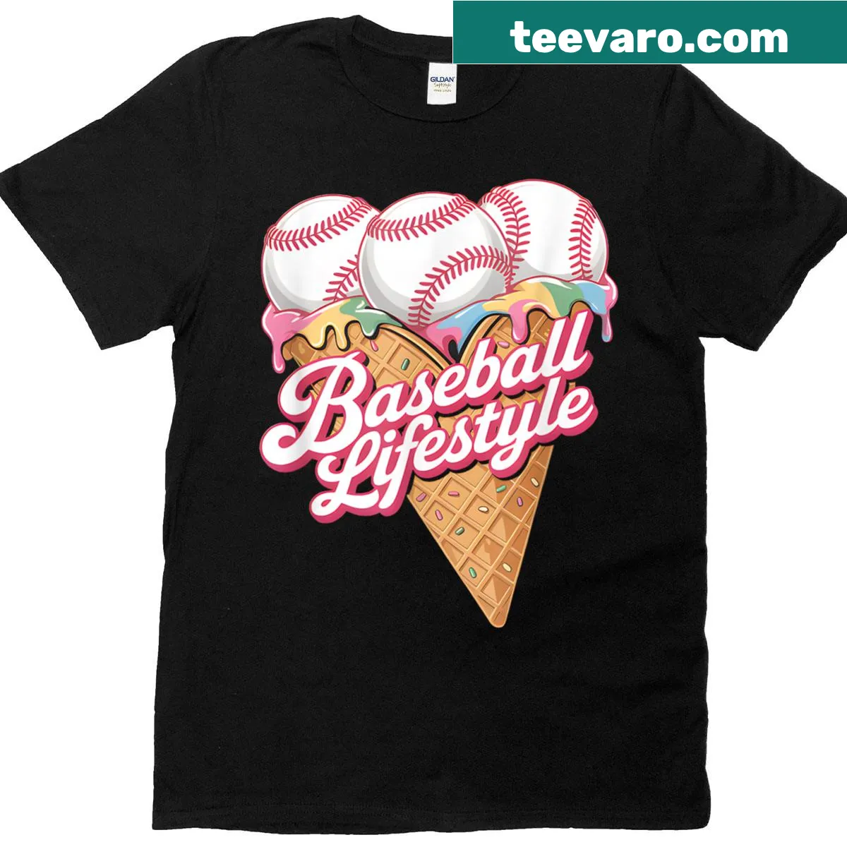 T-shirt featuring baseball and ice cream graphics for family — on a men's t-shirt