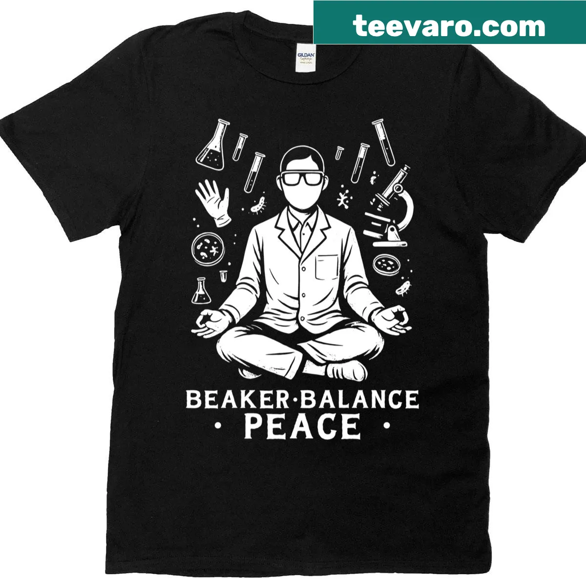 Funny t-shirt featuring a meditating lab technician with lab equipment — on a men's t-shirt
