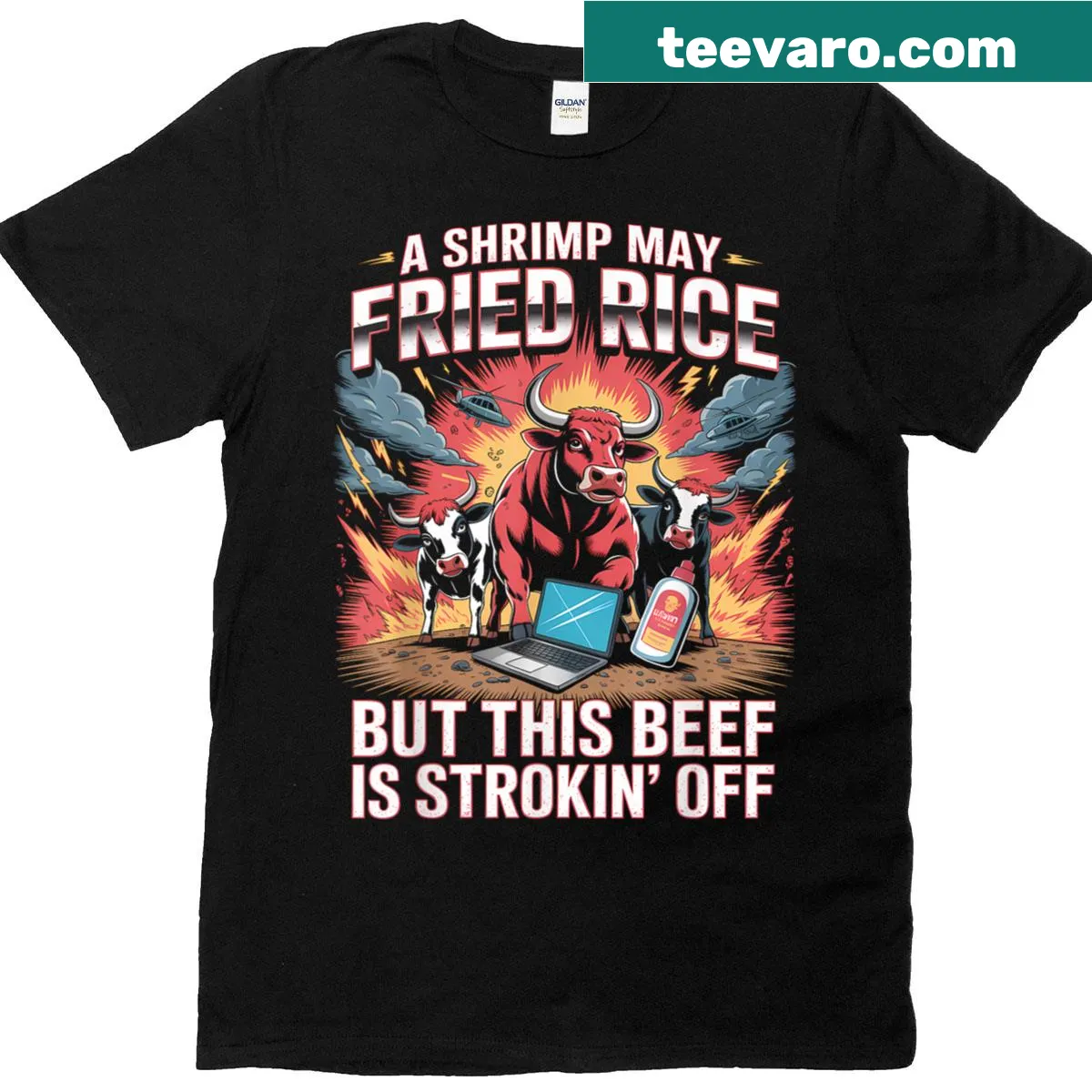Cheeky T-shirt featuring a cow graphic and humorous text — on a men's t-shirt