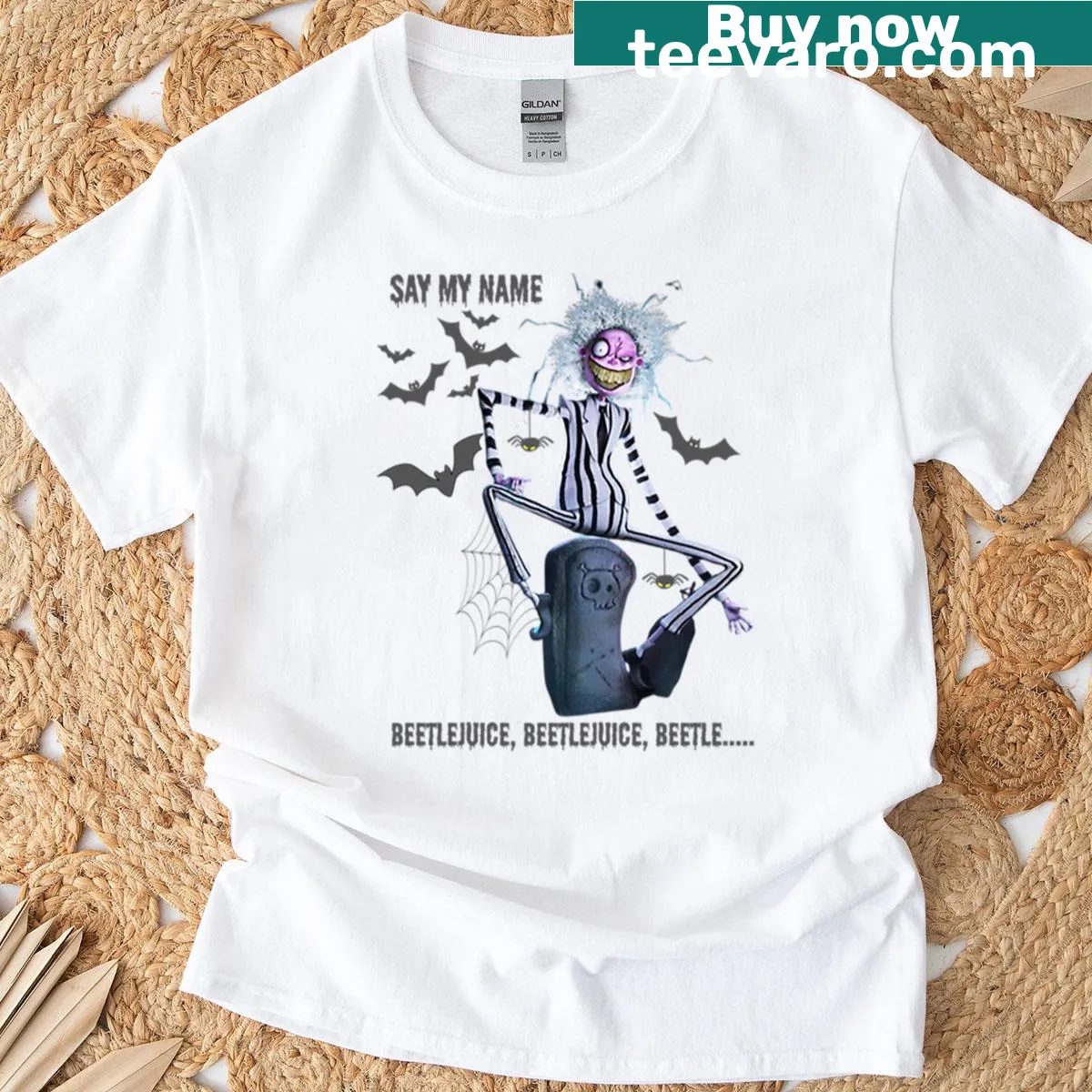 Beetlejuice themed t-shirt with humorous phrase — on a men's t-shirt