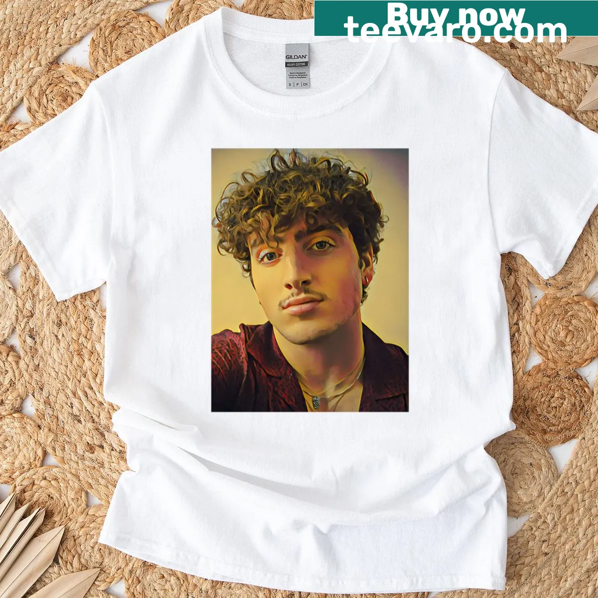 Illustrated portrait of Benson Boone on a t-shirt. — on a men's t-shirt