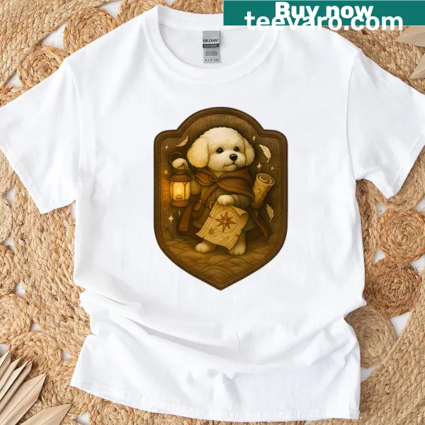 Illustrative T-shirt featuring a Bichon Frise adventurer dog emblem