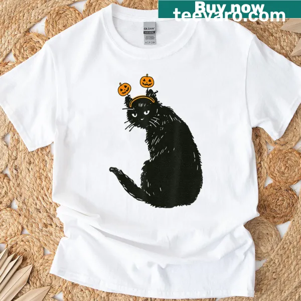 Funny Halloween t-shirt featuring a black cat with a pumpkin headband