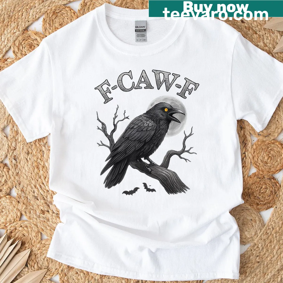 Cartoon raven with the phrase F-caw-f on a funny T-shirt — on a men's t-shirt