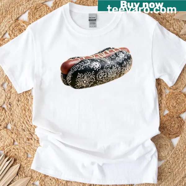 T-shirt featuring a black hotdog bun with floral patterns.