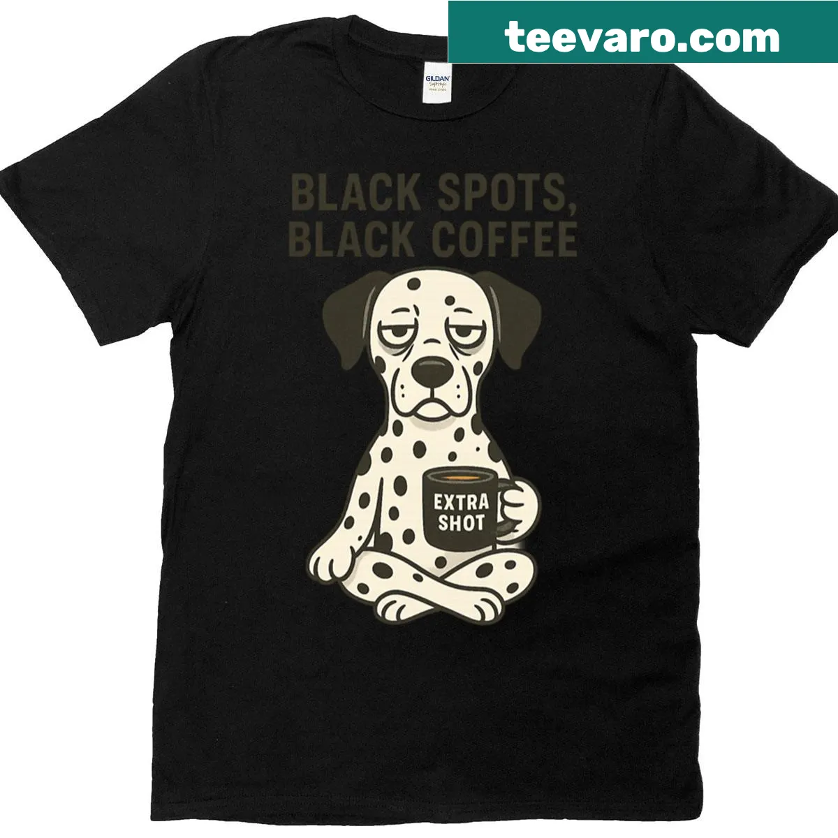 Coffee-themed 'Black Spots Black Coffee' t-shirt — on a men's t-shirt
