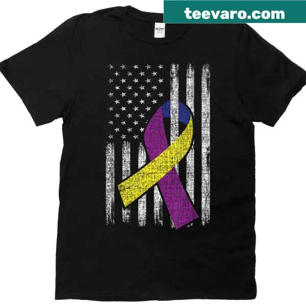 Bladder cancer awareness T-shirt with purple gold ribbon and American flag