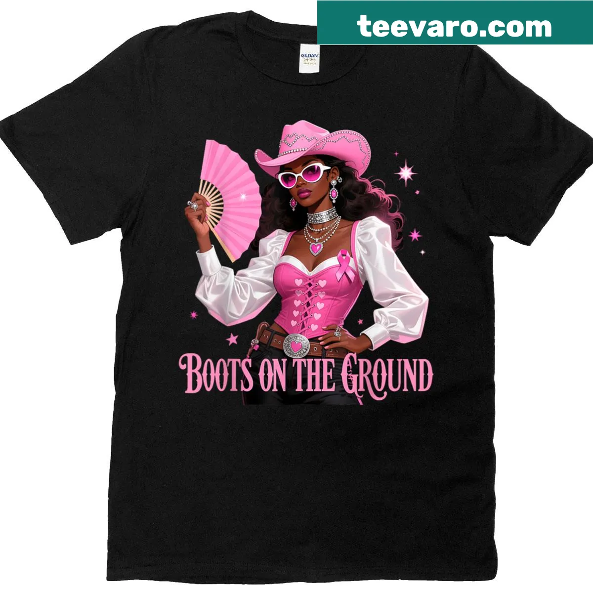 Western-themed T-shirt with breast cancer awareness message — on a men's t-shirt