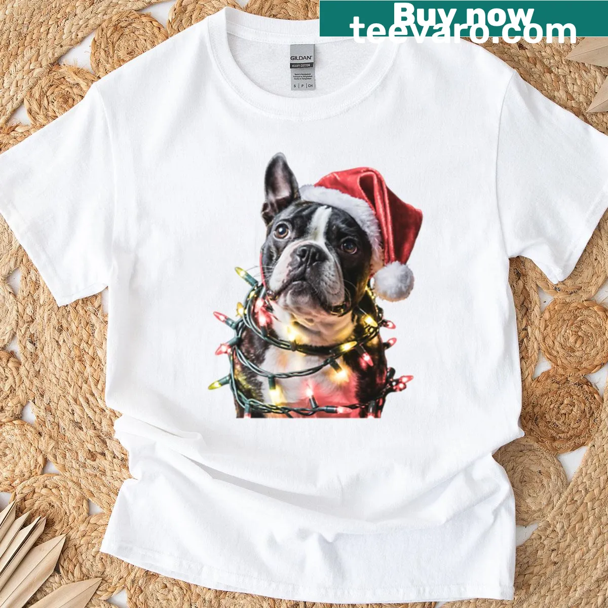 Cute T-shirt with a Boston Terrier in a Santa hat and Christmas lights — on a men's t-shirt